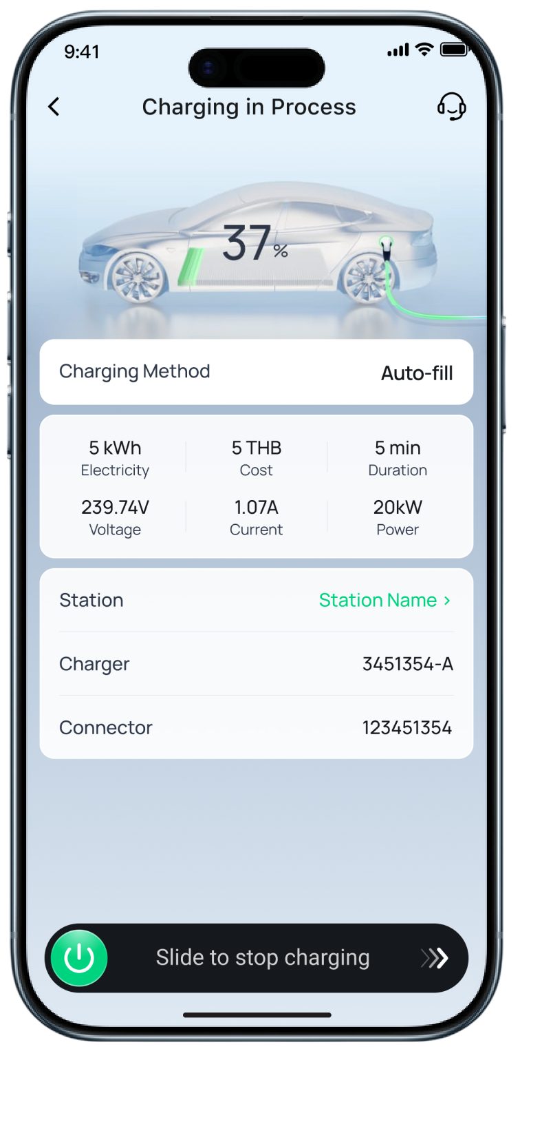 Tampilan sesi charging real-time pada aplikasi iGreen+